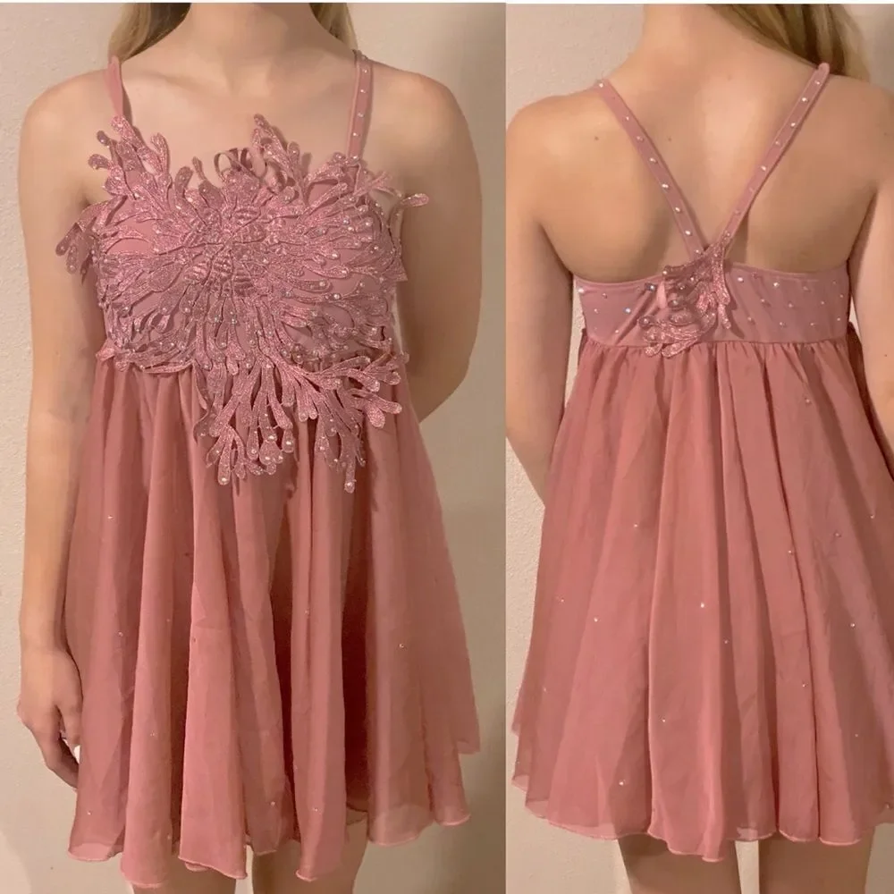 Glamour solo dance costume pink mauve lyrical rhinestone chiffon dress MC child